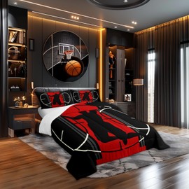Basketball Comforter for Boys Kids Girls Sports Games Comforter Set Full Size Home Decor Red and Black Bedding Set Basketball Court All Season Teens Bedroom Down Duvet,1 Comforter with 2 Pillowcase