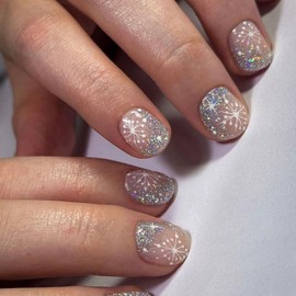 24PcsPink Press on Nail Short Square Christmas Fake Nails Acrylic Nail Kit with Snowflake Glitter Design Full Cover Winter Xmas False Nails Artificial Glossy Glue on Nails for Women Holiday Manicure