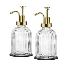 SheeChung Clear Glass Soap Dispenser, 12 Oz Liquid Hand Soap Dispenser with Pump, Refillable Lotion Dish Soap Dispenser for Kitchen, Stripes Shampoo Bottle, Bathroom Countertop (Gold Pump, 2 Pack)