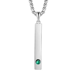 Raymard 925 Sterling Silver Birthstone Bar Necklace for Womens Mens, 24" Rolo Chain Created Birthstone Jewelry-Created Emerald