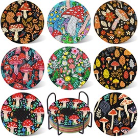 Leatrice 8 Pcs Mushroom Diamond Art Coasters DIY Craft Coasters Paint by Dots, Small Size,Mosaic Dot Painting Set,Beginner Friendly for Adults Beginners, Gift for Family & Friends