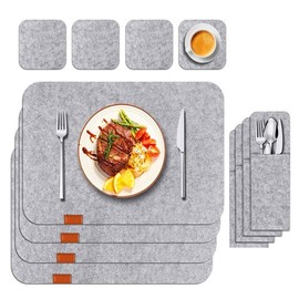 Placemats, Felt Cloth Placemats Set of 8 Heat Resistant Place Mats with Fork Bag Table Mats for Dining Table Kitchen Party(Light Gray)