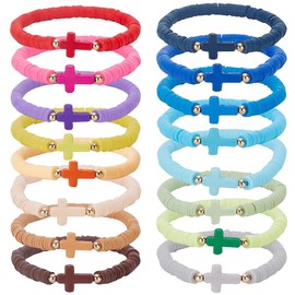 ANATTASOUL 16pcs Heishi Surfer Bracelets Set Clay Beaded Stackable Bracelets for Women Preppy Stretch Bracelets with Cross Layering Colorful Friendship Bracelets Boho Summer Beach Jewelry Gift