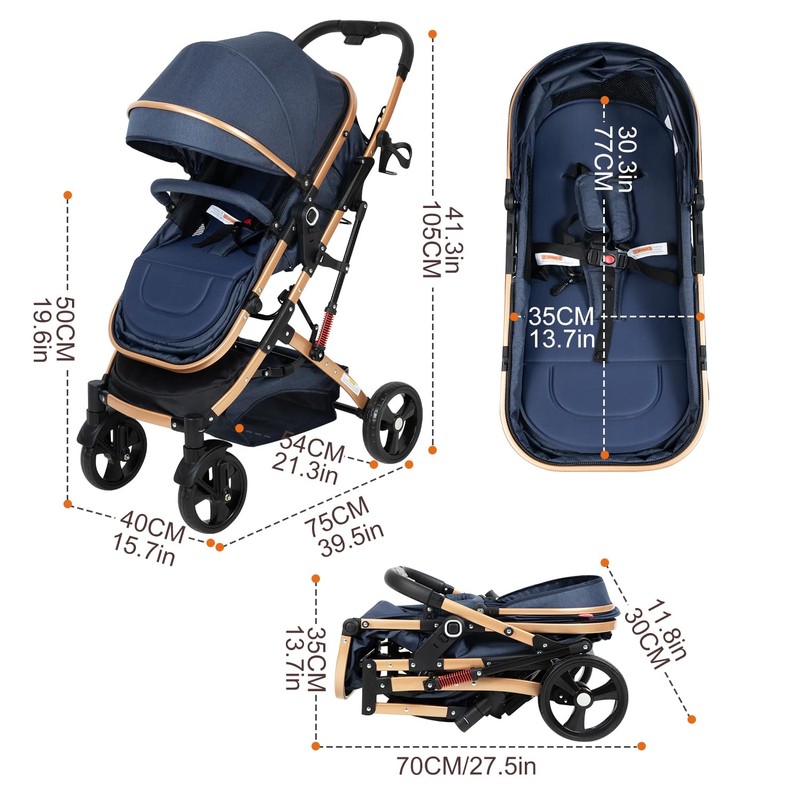 2 in 1 Baby Stroller Blue Newborn Stroller Foldable Convertible