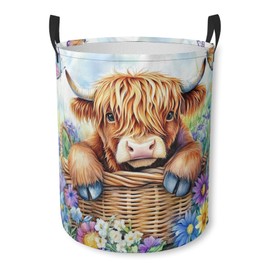 Highland Cow Laundry Basket Wildflowers and Butterflies Foldable Laundry Hamper with Handles Clothes Storage Bin for Household Bedroom Bathroom College Dorms