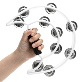 Musfunny Half Moon Tambourines, Hand Tambourine with Double Row Jingles Bell Hand Held Percussion Musical Instrument Gifts for Adults, Church, Party, Bands, Music Education (White)