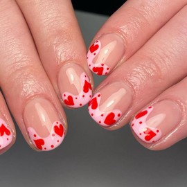 Valentine’s Day Press on Nails Heart Fake Nails, LPOODDNU Short Press on Nails Valentine False Nail Tips Glossy Red Acrylic Nails Square Shape Glue on Nails Red Heart French Stick on Nails for Women