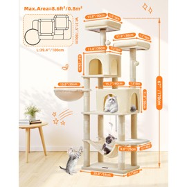 Taoqimiao Cat Tree, 66.2-Inch Cat Tower for Indoor Cats, Plush Multi-Level Cat Condo with 7 Scratching Posts, 2 Perches, 2 Caves, Hammock, 2 Pompoms, Beige MS013M