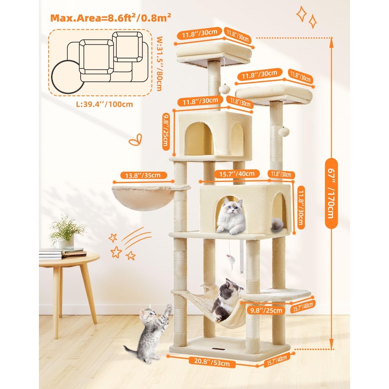Taoqimiao Cat Tree, 66.2-Inch Cat Tower for Indoor Cats, Plush