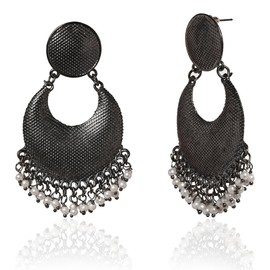 Moonstruck Oxidized Silver Pearl Chandbali Earrings for Women, Lightweight Antique Alloy Dangle Jewelry, Bollywood-Inspired Boho Ethnic Earrings for Festival, Wedding & Party