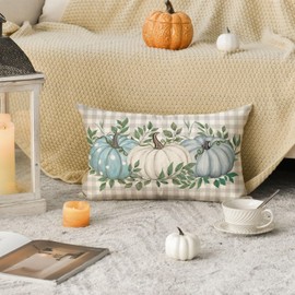 AVOIN colorlife Fall Pumpkin Plaid Throw Pillow Cover 12x20 Inch, Seasonal Autumn Leaves Thanksgiving Harvest Blue Cushion Case Decoration for Sofa Couch