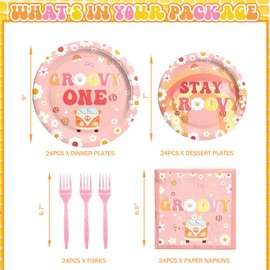 Hombae Groovy One Birthday Supplies Tableware Set, Groovy One Party Decorations, First Birthday Decorations for Girl, Hippie Boho Theme Plates Napkins Forks Serves for 24 Guests