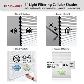 DEZ FURNISHINGS Cordless 1" Signature Light Filtering Cellular Shade, 28" W x 60" H, White