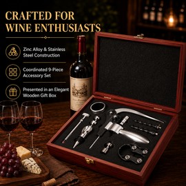 9-Piece Wine Opener Set with Wooden Gift Box – Stainless Steel Wine Accessories Kit with Rabbit Corkscrew, Pourer & Stopper for Home & Parties