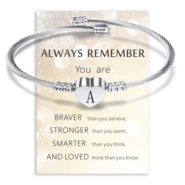 Initial Letter Cuff Bracelet, Silver Charm Bracelet, Alphabet Love Heart Bangle Bracelets, Silver Bangles for Women Girls Gift for Birthday Stainless Steel (A)