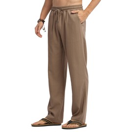 Willit Men's Linen Pants Casual Beach Summer Pants Drawstring Lightweight Yoga Linen Trousers 30" Dark Khaki M