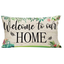 HHERCICIM Welcome to Our Home Throw Pillow Covers,Spring Farmhouse Truck Flower Throw Pillow Cover for Home Decor 20 x 12 Inch