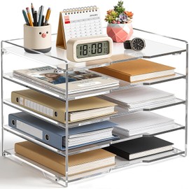 KKU Organizador de Escritorio de 5 Niveles de Acrílico Transparente, Organizador de Archivos de Papel y Bandeja de Cartas con Accesorios para Suministros de Oficina