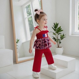 Kuriozud 4th of July Outfit Baby Girl Smocked Tank Top+Wide Leg Pants Set Kids Toddler Girl Fourth of July Clothes (4th July USA Tutu Red, 2-3T)
