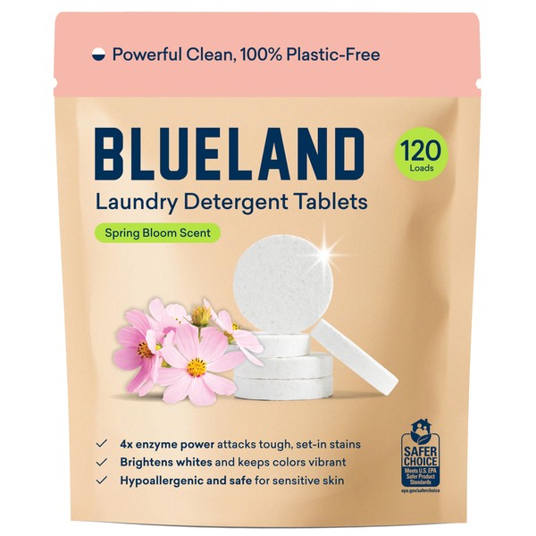 BLUELAND Laundry Detergent Tablets, 120 Count, Spring Bloom Scent, Plastic-Free