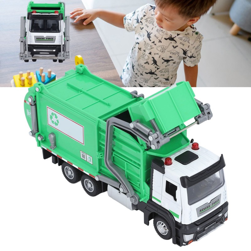 1:32 Garbage Truck Toy with Dumpster 4 Trash Bins Friction