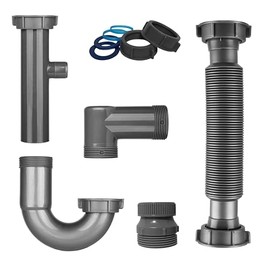 Universal 1-1/4" & 1-1/2" P Trap Drain Kit, Flexible PP U-Bend Plumbing Pipe for Bathroom Sink & Kitchen, Heat Resistant Drain Replacement with Extension Tube & Adapter