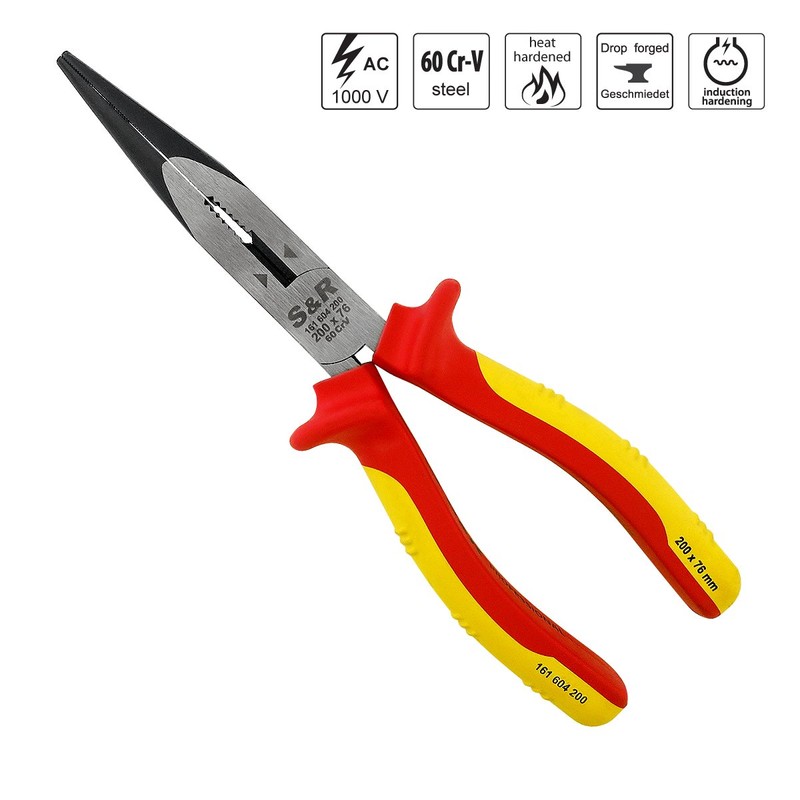 S&R VDE Long Flat Nose Pliers 200 mm Series 1000V