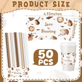 Jingmore 50 Pcs Coffee Bridal Shower Cup Sleeves Love Is Brewing Coffee Cups Sleeves Disposable Brewed Covers for Love Is Brewing Wedding Shower Engagement Party Supplies