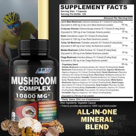 Organic Cadane 19in1 High Strength Mushroom Supplement 10800mg - Lions Mane, Cordyceps Sinensis, Reishi & More - 4-Month Supply for Brain Health, Focus & Immune System - 120 Capsules