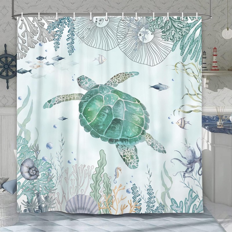 Sea Turtle Shower Curtain - Nautical Beach Underwater Decorative Shower