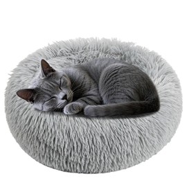 RAINFLOW Cat Bed - Calming Cat Bed for Small Kittens 15 x 15 Inch Donut Washable Round for Indoor Kittens and Puppies, Anti-Slip Round Fluffy Plush Faux Fur, Small, Light Grey