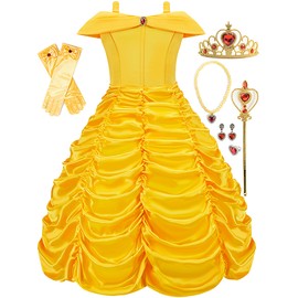 Funna Princess Costume Layered Dress Off Shoulder for Girls Dress Up with Accessories Yellow, 4T