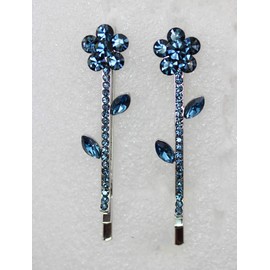 Faship Gorgeous A Pair Of Navy Blue Rhinestone Crystal Floral Hair Clips 2 Pcs - Navy Blue