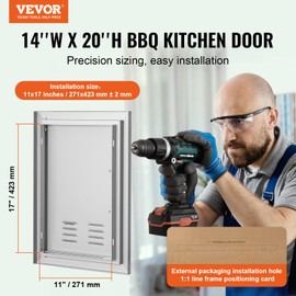 VEVOR BBQ Access Door, 14W x 20H Inch Single Outdoor Kitchen Door, Stainless Steel Flush Mount Door, Wall Vertical Door with Handle and Vents, for BBQ Island, Grilling Station, Outside Cabinet