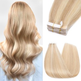 Silk-co 10pcs 20inch 50gram Real Remy Tape in Straight Human Hair Extensions #18P613 Ash Blonde&Bleach Blonde Balayage Seamless Tape on Hair Extension Straight Human Hair