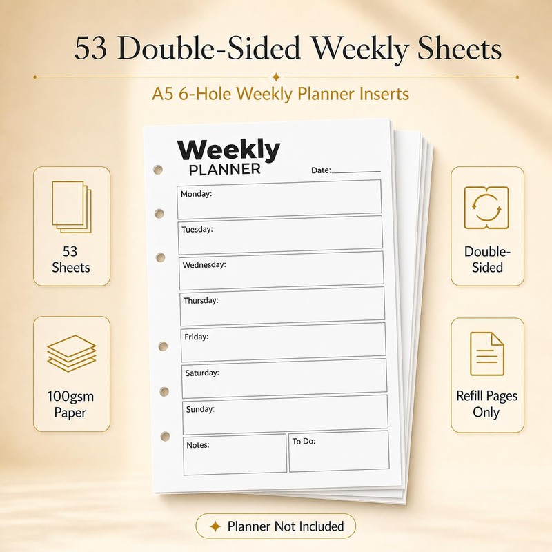 A5 Weekly Planner Inserts, Undated 6-Hole Refill Pages with Monday-Sunday