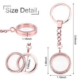 WANDIC Rhinestone Photo Charm Keychain, 4 Pieces Rose Gold Round Memory Locket Key Chain Bridal Wedding Bouquet Charms for Photo or Decoration, 30mm