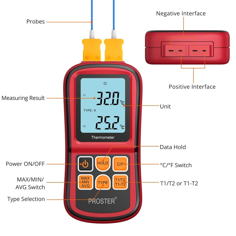 Proster Digital Thermometer Dual Channel Thermocouple Thermometer with Two K-