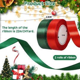 BUENTYA 2 Rolls Satin Ribbon, 25mm Red and Green Ribbon Christmas Ribbon for Gift Wrapping, Double Sided Christmas Ribbon Fabric for Crafting Xmas Tree, Crafts, Valentine's Day(25 mm x 25 Yards)