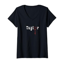 Womens Taylor Name with Heart Pendant V-Neck T-Shirt