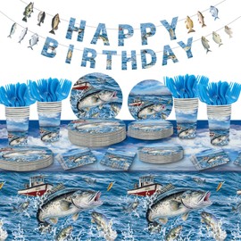 176 Pcs Fishing Party Birthday Decorations,24 Guests Fishing Themed Party Tableware Set Tablecloth Dinner Plates Dessert Cup and Napkins for Fishing Birthday Favors Fishing Decor Party Supplies