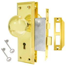 Ruigrit Vintage Skeleton Key Mortise Lock Set for Interior Doors - Antique Heavy-Duty Door Knob Replacement, Rustproof Zinc Alloy Design, Universal Fit 1-3/8” to 1-3/4” Doors, Polished Brass