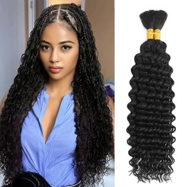 Human Braiding Hair for Boho Braids 2 Bundles 100g 20 Inch 10A Deep Wave Bulk Human Hair Curly Boho Hair for Braiding Knotless No Weft Wet and Wavy Human Hair Braiding Hair Extensions Natural Black