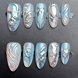 30Pcs Blue Press on Nails Long Almond Fake Nails with Silver Irregular Lines Pattern Summer Full Cover Acrylic False Nails Design Cute Artificial Glossy Stick on Nail for Women Daily Wear Nail