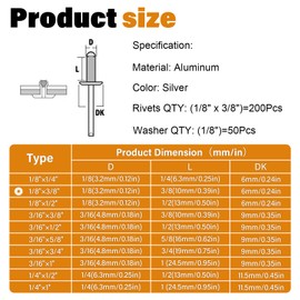 JTAREA Pack of 250 Aluminium Blind Rivets 3.2 x 10 mm with Washers Rivets Pop Rivets Blind Rivets Large Head Aluminium Core Rivets with Round Head (Silver)