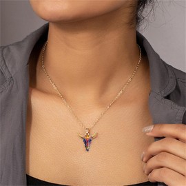 QLUYCKW Western Cowgirl Necklace Texas Bohemia Colored Enamel Animal Bull Cow Herd Head Flowers Charm Cow Head Pendant Necklace Ethnic Vintage Jewelry for Women Gift (Blue)