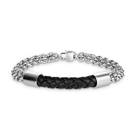 Men's Stainless Steel Black Braid Leather Bracelet, 8.5"