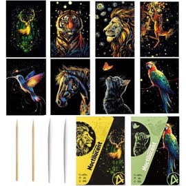 Georgie Porgy Scratch Pictures Set DIY Craft Kits for Children Adults Magic Rainbow Scratch Paper for Christmas Birthday Gift with Scratching Tools Kit (A5 Night-Glowing Elf Animal+Forest Animals)