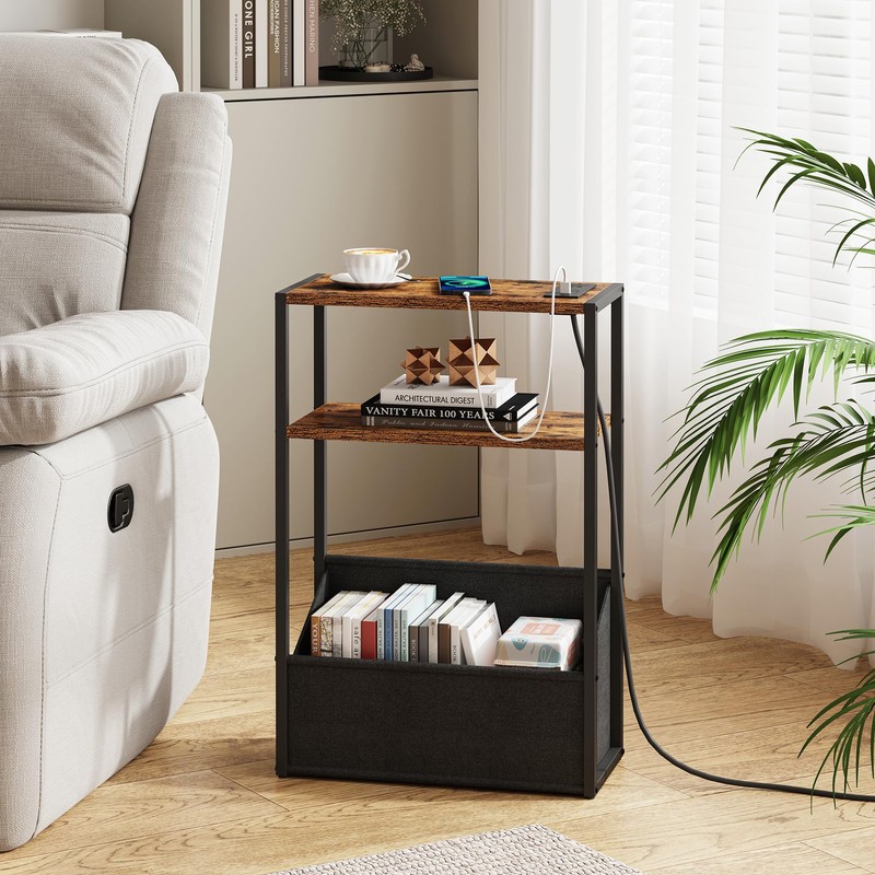 TUTOTAK Narrow Side Table with Charging Station, Slim End Table