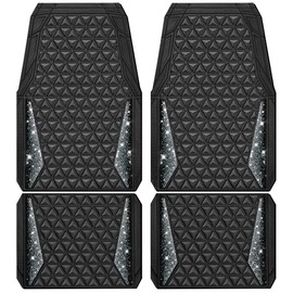 CAR PASS Bling Car Mats Diamond Rubber Floor Mats Full Set Anti-Slip 3D Rhombus Waterproof Trim to Fit Liner Universal Glitter Crystal Sparkly Shining Rhinestone Girl Women SUV Sedan Van, Black Silver
